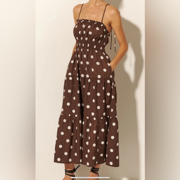 Dresses & Skirts - Brown Polka Dot Ruffle Tiered Maxi Sundress Tie Shoulders Smocked Waist Med